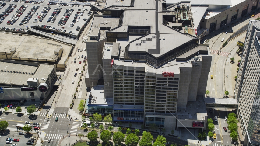 Looking down to the CNN Center, Downtown Atlanta, Georgia Aerial Stock Photo AX36_106.0000320F | Axiom Images