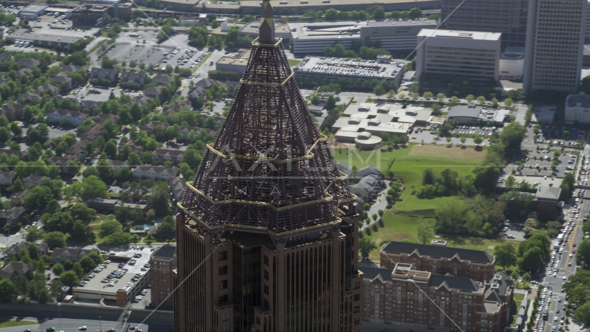 Close-up of the top of Bank of America Plaza, Atlanta, Georgia Aerial Stock Photo AX37_046.0000023F | Axiom Images
