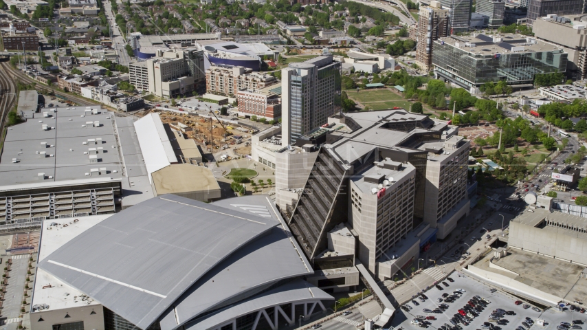 Philips Arena and CNN Center, Downtown Atlanta, Georgia Aerial Stock Photo AX37_077.0000208F | Axiom Images