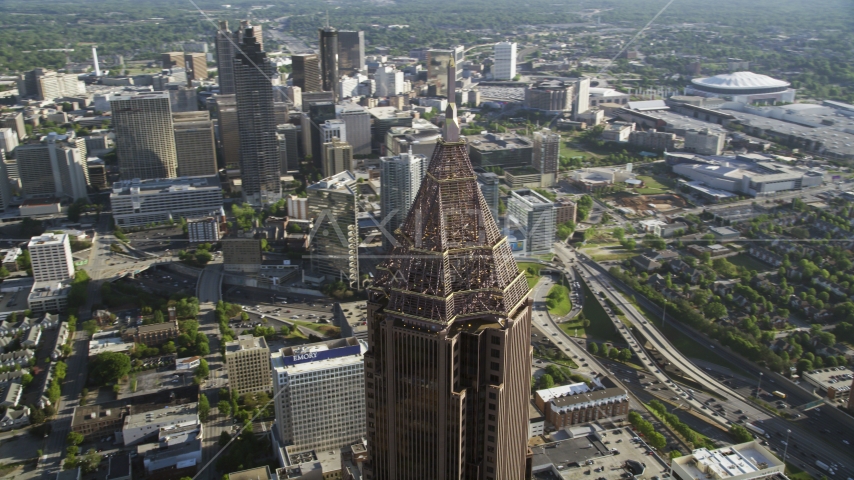 Top of Bank of America Plaza towering over Midtown Atlanta, Georgia Aerial Stock Photos AX38_077.0000417F