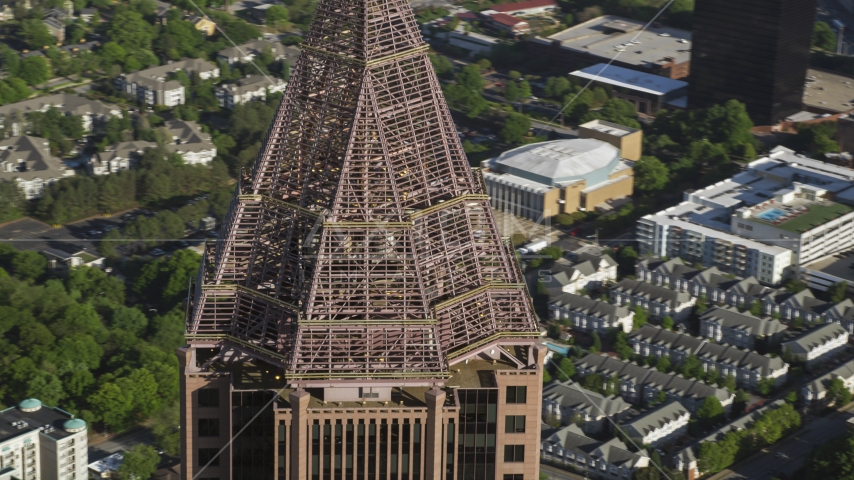 Close-up of the top of Bank of America Plaza, Midtown Atlanta, Georgia Aerial Stock Photo AX38_078.0000053F | Axiom Images