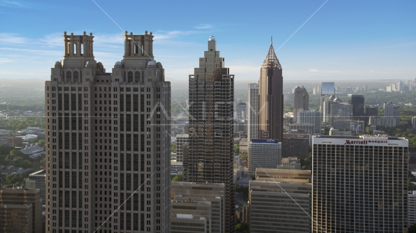 Downtown skyscrapers, hazy, Atlanta, Georgia Aerial Stock Photo AX39_018.0000047F | Axiom Images