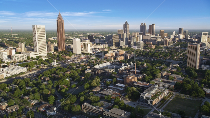 Midtown and Downtown Atlanta skyscrapers behind the Bobby Dodd Sports Stadium, Atlanta, Georgia Aerial Stock Photos AX39_028.0000127F