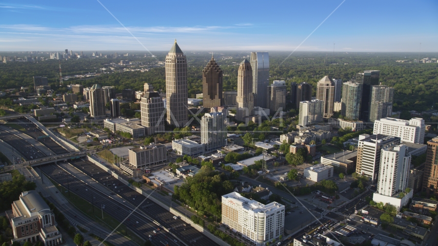 The skyscrapers of Midtown Atlanta, Georgia and the Interstate 85 freeway Aerial Stock Photos AX39_030.0000192F