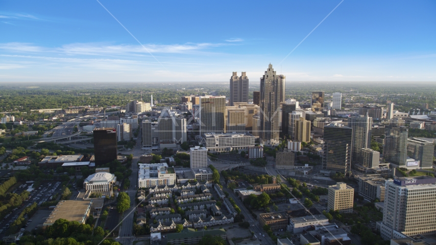 Downtown Atlanta skyscrapers seen from Midtown, Atlanta, Georgia, sunset Aerial Stock Photo AX39_036.0000295F | Axiom Images