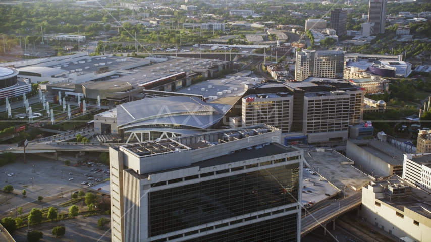 CNN Center and Philips Arena, Downtown Atlanta, Georgia Aerial Stock Photo AX39_046.0000046F | Axiom Images