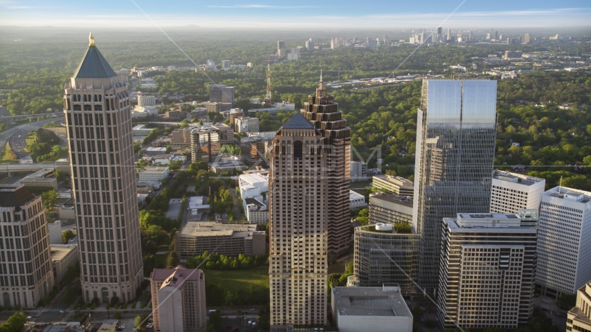 Promenade II and neighboring skyscrapers, Midtown Atlanta, sunset Aerial Stock Photo AX39_053.0000000F | Axiom Images