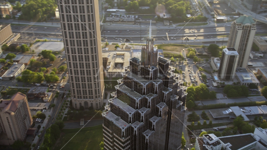 Close up of the top of Promenade II, Midtown Atlanta, Georgia Aerial Stock Photo AX39_054.0000211F | Axiom Images