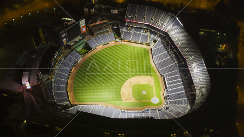 Empty Turner Field baseball stadium at night, Atlanta, Georgia Aerial Stock Photo AX41_004.0000298F | Axiom Images