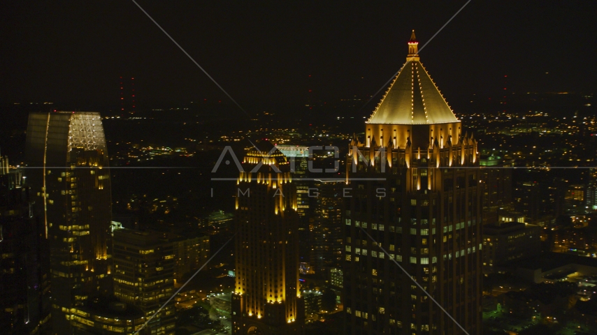 One Atlantic Center and nearby skyscrapers, Midtown Atlanta, night Aerial Stock Photo AX41_029.0000422F | Axiom Images