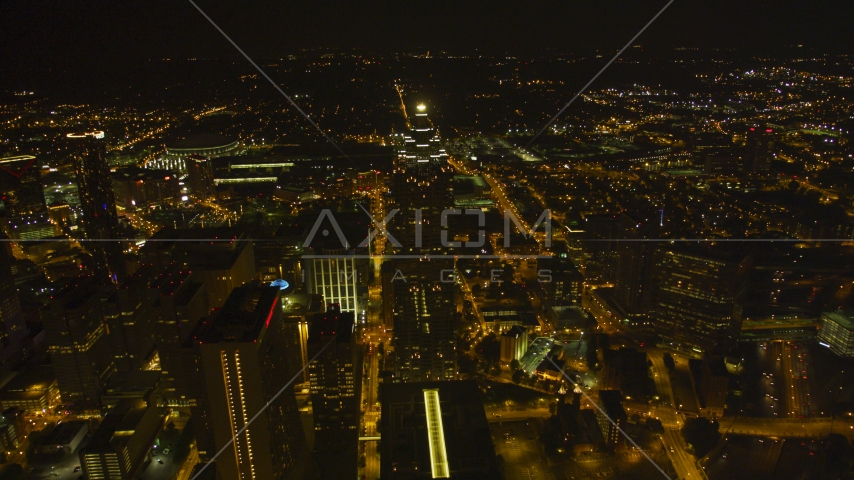 SunTrust Plaza skyscraper and city buildings at night in Downtown Atlanta, Georgia Aerial Stock Photo AX41_067.0000134F | Axiom Images
