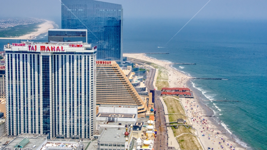 Trump Taj Mahal by the boardwalk and beach in Atlantic City, New Jersey Aerial Stock Photo AXP071_000_0018F | Axiom Images