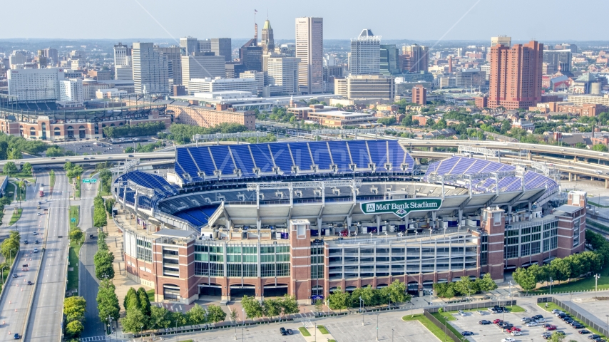 M&T Bank Stadium with Downtown Baltimore skyscrapers in the background, Maryland Aerial Stock Photo AXP073_000_0021F | Axiom Images