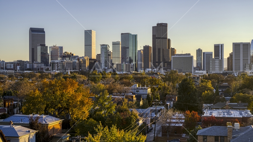 Wide view of city's skyline seen from tree-lined residential neighborhood at sunset, Downtown Denver, Colorado Aerial Stock Photos DXP001_000179
