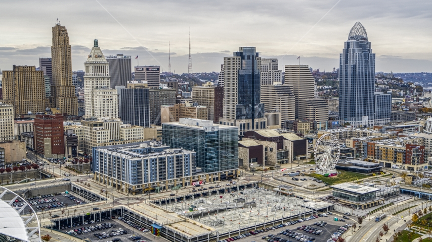 Apartment and office buildings, and the city skyline, Downtown Cincinnati, Ohio Aerial Stock Photos DXP001_000480