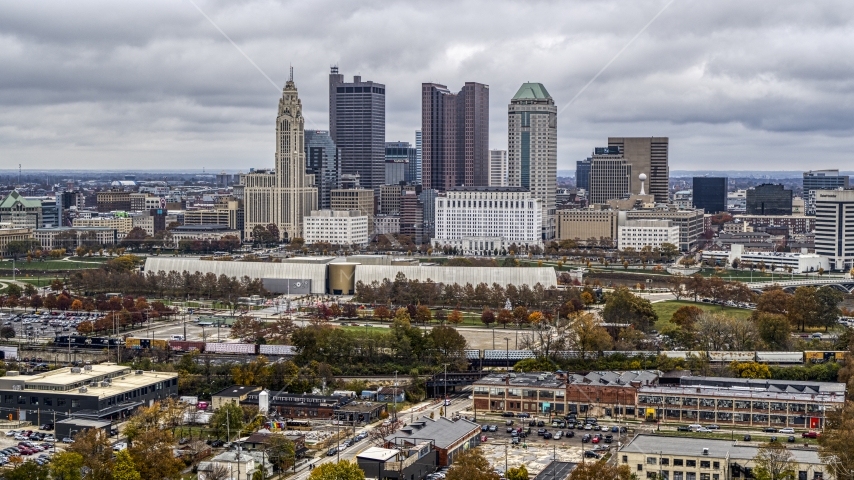 The tall skyscrapers in the city's skyline in Downtown Columbus, Ohio Aerial Stock Photos DXP001_000486