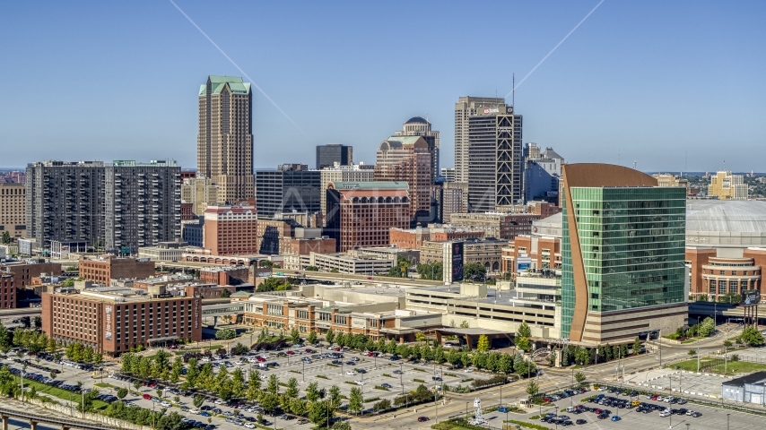 A view of Lumière Place/Four Seasons Hotel in Downtown St. Louis, Missouri Aerial Stock Photos DXP001_024_0001