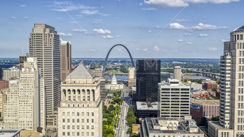 Museum at the Gateway Arch seen from near the top of a courthouse tower in Downtown St. Louis ...