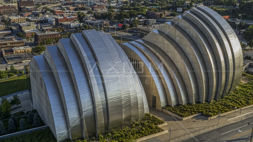 Kauffman Center for the Performing Arts concert hall in Downtown Kansas City, Missouri Aerial Stock Photo DXP001_045_0010 | Axiom Images