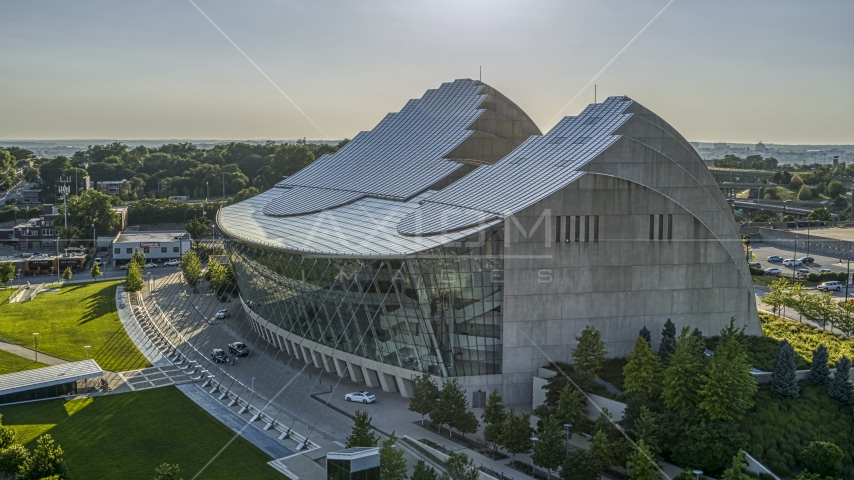 Side of the Kauffman Center for the Performing Arts concert hall in Downtown Kansas City, Missouri Aerial Stock Photo DXP001_045_0012 | Axiom Images