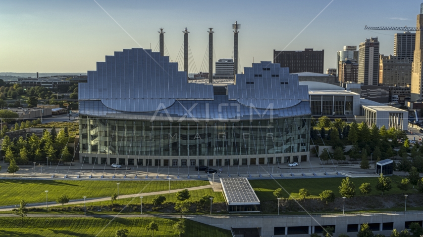 A view of the Kauffman Center for the Performing Arts in Downtown Kansas City, Missouri Aerial Stock Photo DXP001_045_0013 | Axiom Images