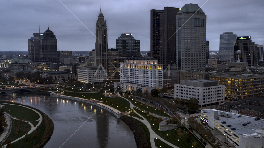 The Scioto River and city skyline at twilight, Downtown Columbus, Ohio Aerial Stock Photos DXP001_087_0008