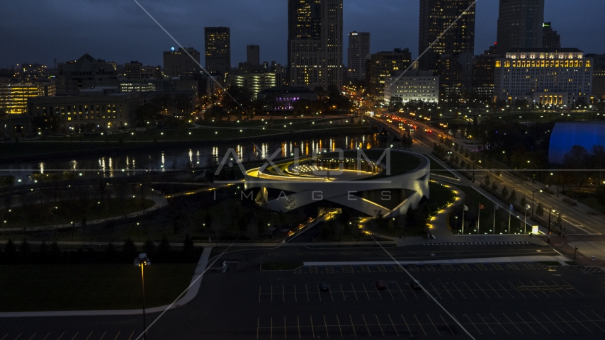 A view of the Veterans Memorial Auditorium concert hall at twilight in Columbus, Ohio Aerial Stock Photos DXP001_088_0009