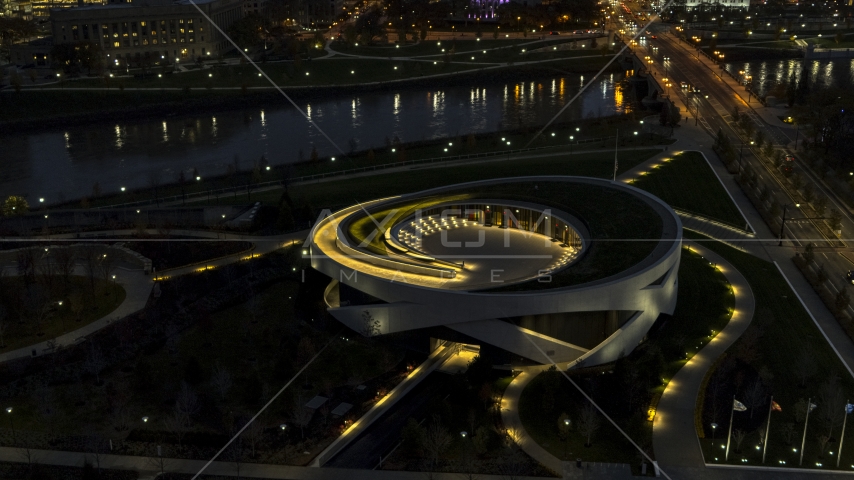A view of the concert hall at twilight in Columbus, Ohio Aerial Stock Photos DXP001_088_0010