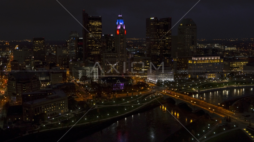 The city skyline at night, Downtown Columbus, Ohio Aerial Stock Photos DXP001_088_0012