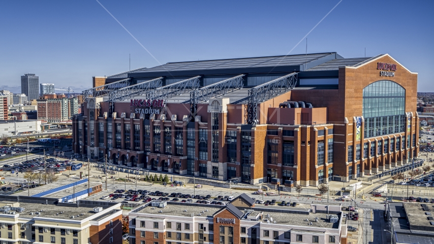 The side of a football stadium in Indianapolis, Indiana Aerial Stock Photo DXP001_089_0004 | Axiom Images