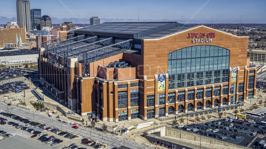 The front of a football stadium in Indianapolis, Indiana Aerial Stock Photos DXP001_089_0006