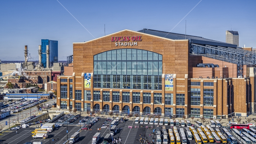 The front entrance of a football stadium in Indianapolis, Indiana Aerial Stock Photo DXP001_089_0012 | Axiom Images