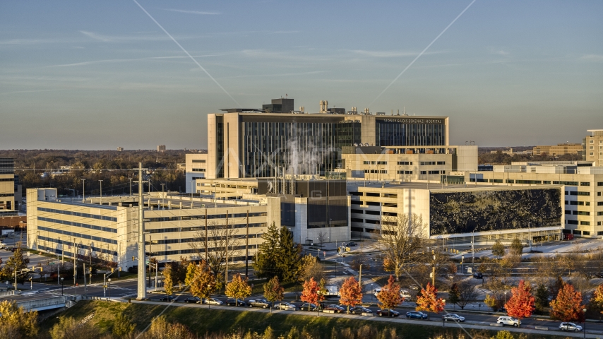 A hospital complex at sunset in Indianapolis, Indiana Aerial Stock Photo DXP001_092_0001 | Axiom Images