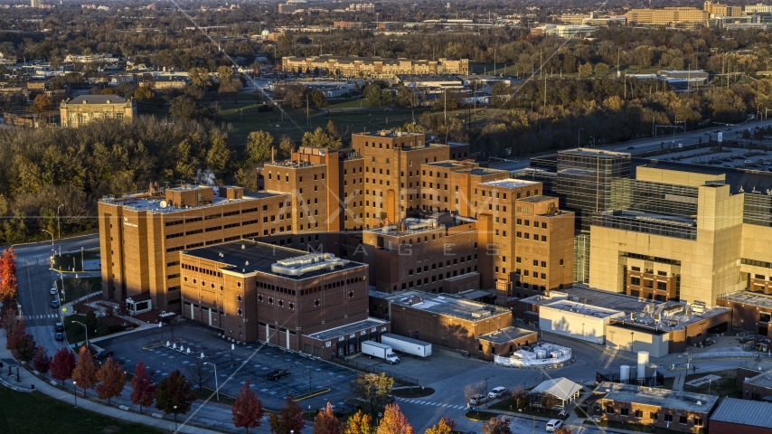 A VA hospital complex at sunset in Indianapolis, Indiana Aerial Stock Photo DXP001_092_0002 | Axiom Images