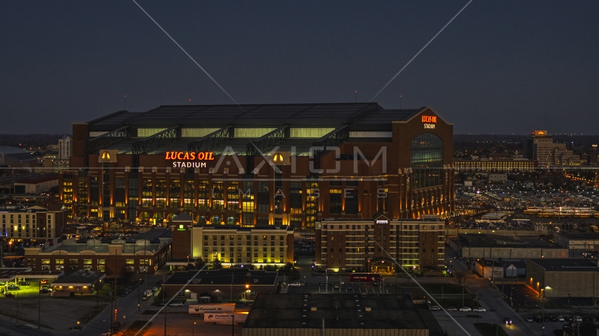 The football stadium at twilight in Indianapolis, Indiana Aerial Stock Photo DXP001_093_0004 | Axiom Images