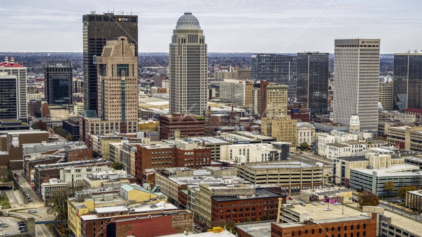 Tall skyscrapers in the city skyline in Downtown Louisville, Kentucky Aerial Stock Photos DXP001_095_0003