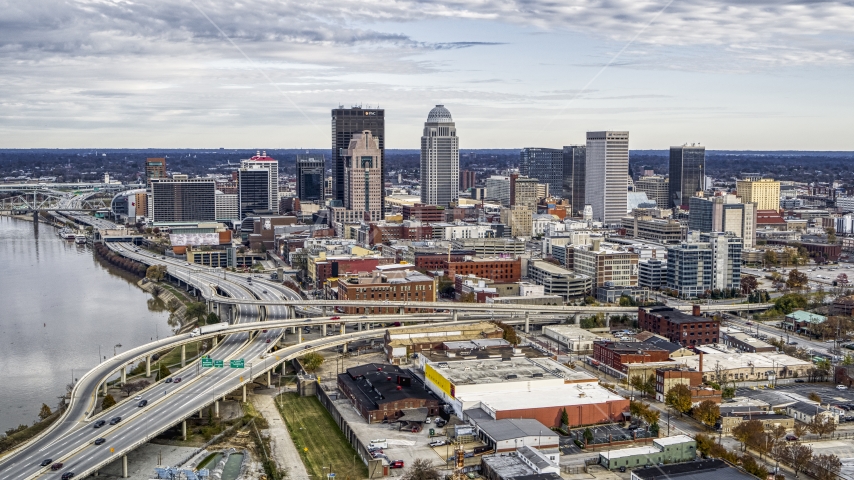 Riverfront freeway and city skyline in Downtown Louisville, Kentucky Aerial Stock Photos DXP001_095_0008