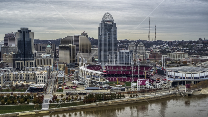 Aerial stock photo of the baseball stadium and skyscraper seen from the river, Downtown Cincinnati, Ohio Aerial Stock Photo DXP001_097_0002 | Axiom Images