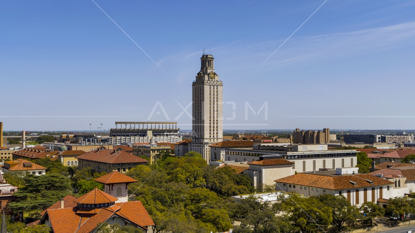 UT Tower at the University of Texas during ascent, Austin, Texas Aerial Stock Photo DXP002_107_0005 | Axiom Images