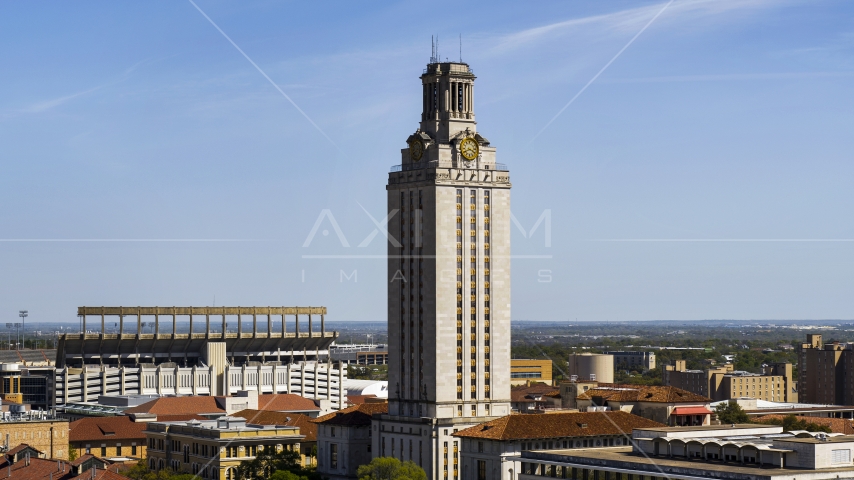 A close-up of UT Tower at the University of Texas, Austin, Texas Aerial Stock Photo DXP002_108_0001 | Axiom Images