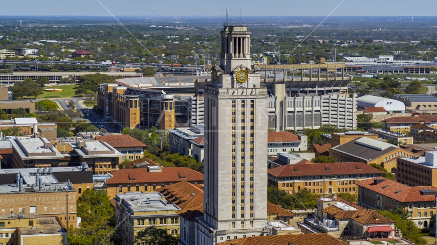 Close-up view of UT Tower at the University of Texas, Austin, Texas Aerial Stock Photo DXP002_108_0002 | Axiom Images