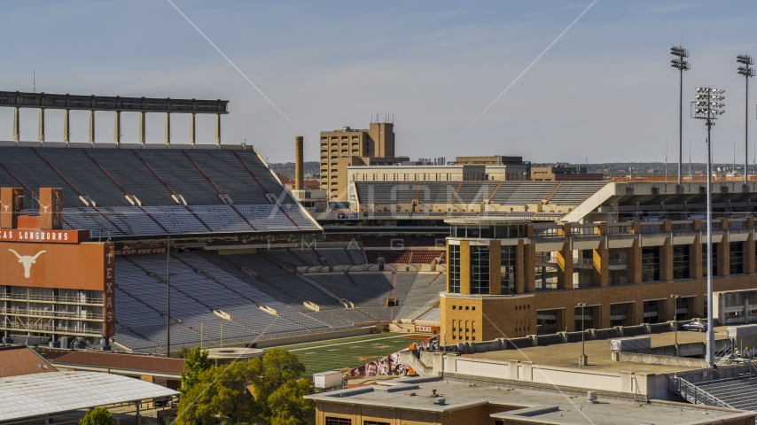 The empty football stadium at the University of Texas, Austin, Texas Aerial Stock Photo DXP002_108_0006 | Axiom Images