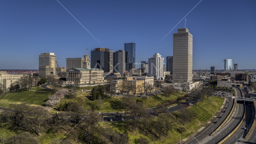 The Tennessee State Capitol, Tennessee Tower near skyscrapers in Downtown Nashville, Tennessee Aerial Stock Photos DXP002_114_0001