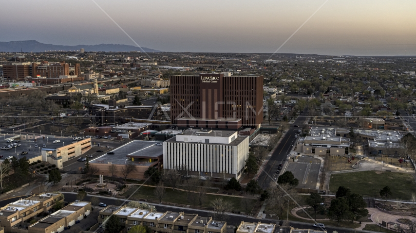 A hospital at sunset in Albuquerque, New Mexico Aerial Stock Photo DXP002_123_0001 | Axiom Images