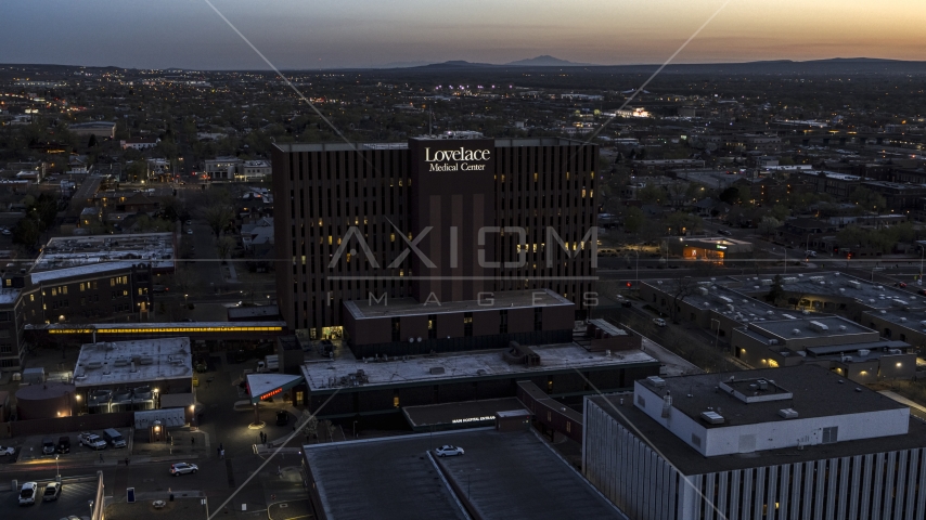 A hospital at twilight in Albuquerque, New Mexico Aerial Stock Photo DXP002_123_0006 | Axiom Images