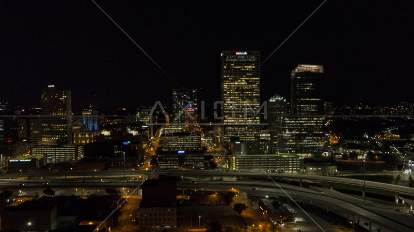 Downtown buildings and skyscrapers at night, Downtown Milwaukee, Wisconsin Aerial Stock Photo DXP002_151_0003 | Axiom Images