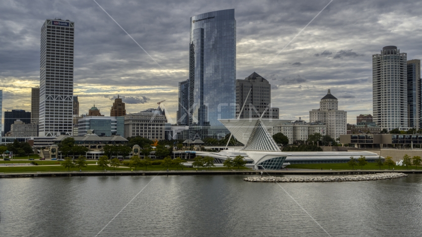 Skyscrapers and art museum by Lake Michigan in Downtown Milwaukee, Wisconsin Aerial Stock Photo DXP002_154_0003 | Axiom Images