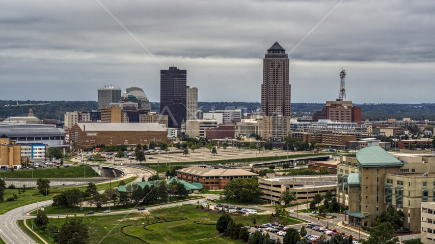 The city's skyline and tall skyscraper in Downtown Des Moines, Iowa, seen from the hospital Aerial Stock Photo DXP002_167_0001 | Axiom Images