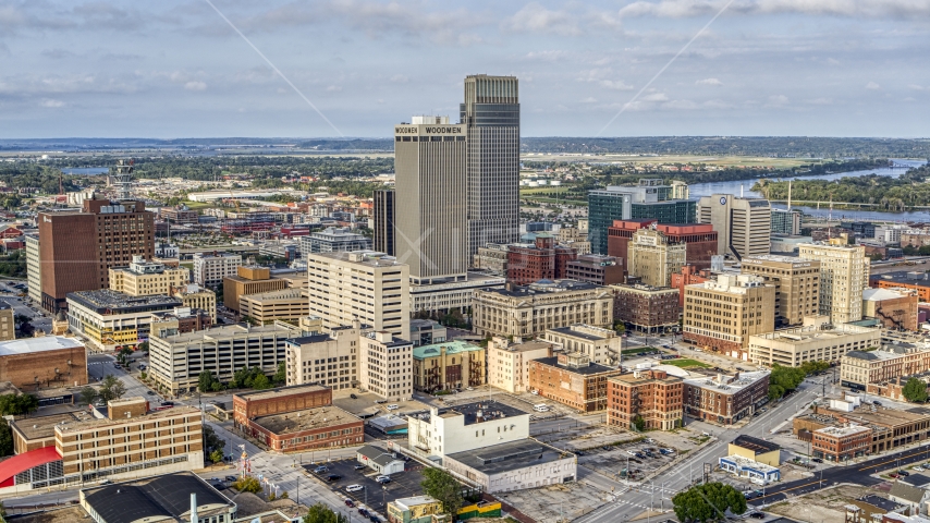 The City Skyline Seen From Riverfront Park Downtown Omaha Nebraska