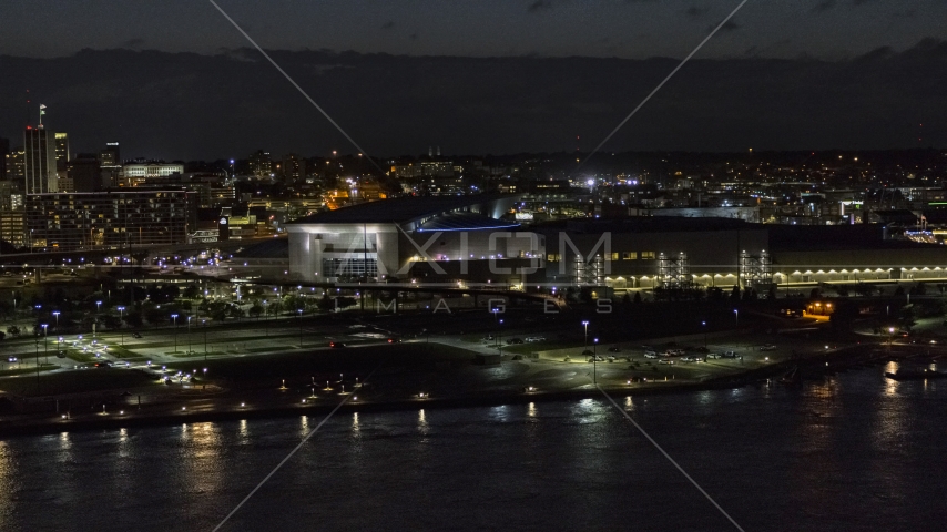 The arena and convention center complex at night, Downtown Omaha, Nebraska Aerial Stock Photo DXP002_173_0006 | Axiom Images